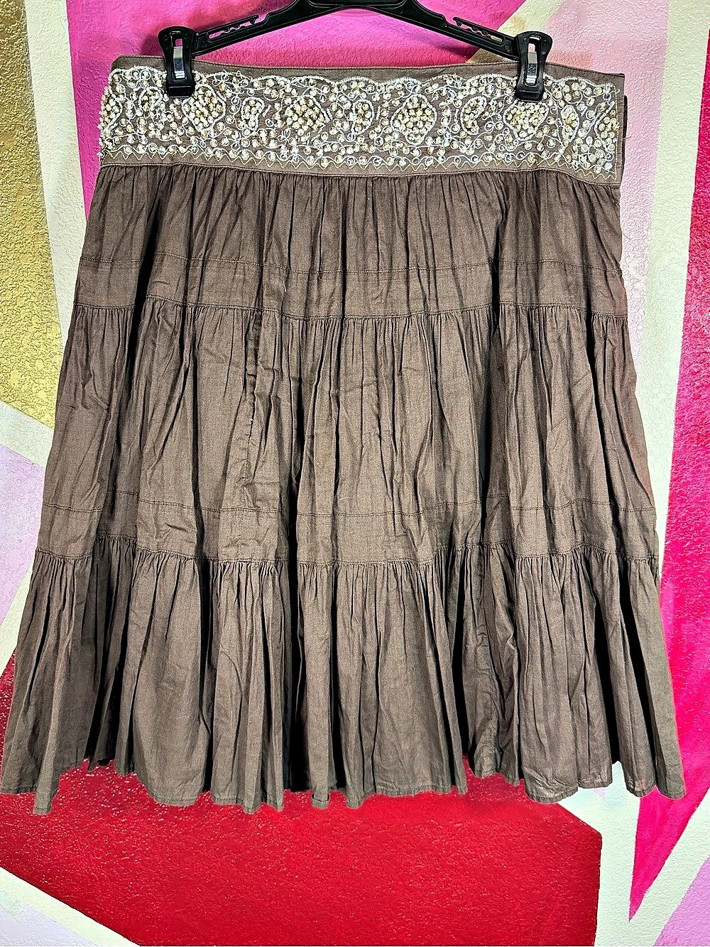 BCBGMaxAzria Small Brown Tiered Boho Skirt Beaded Sequin Waistband Festival
